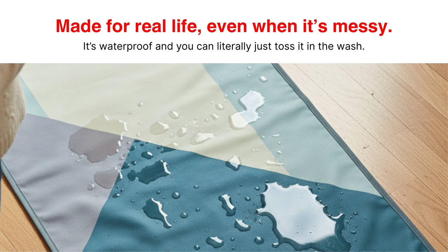 SalahTag waterproof portable prayer mat with water droplets on surface, easy to wash